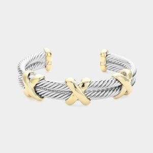 Silver Criss Cross Double Twist Rope Cable Cuff Bracelet Bangle Metal Two Tone
